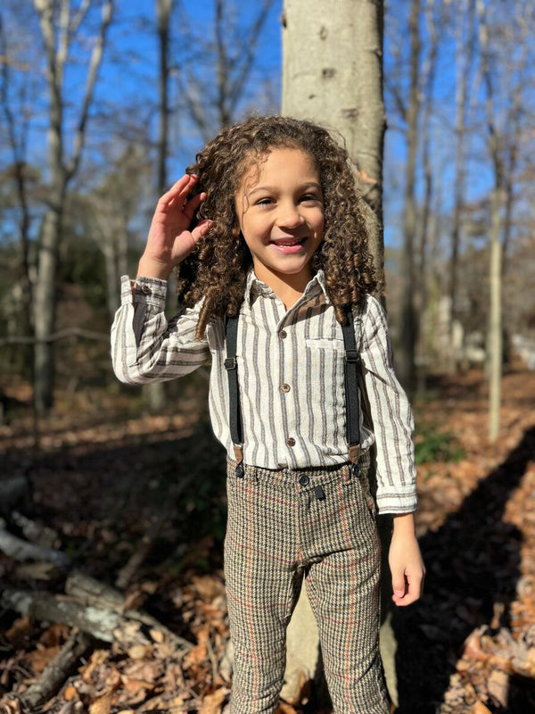 Marcus Pants with Braces, Brown Chunky Houndstooth