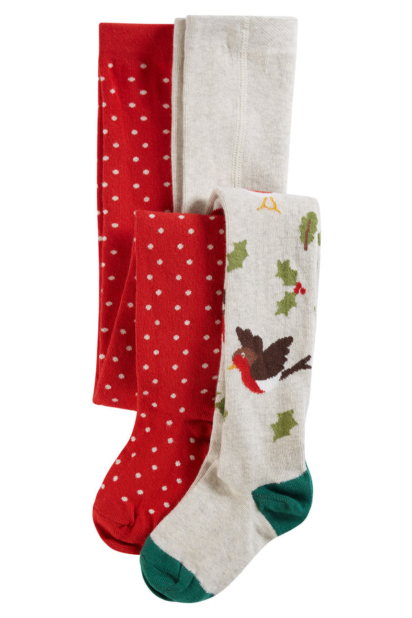 Norah 2pk Tights, Oatmeal Robins/True Red Spot (0-6m)