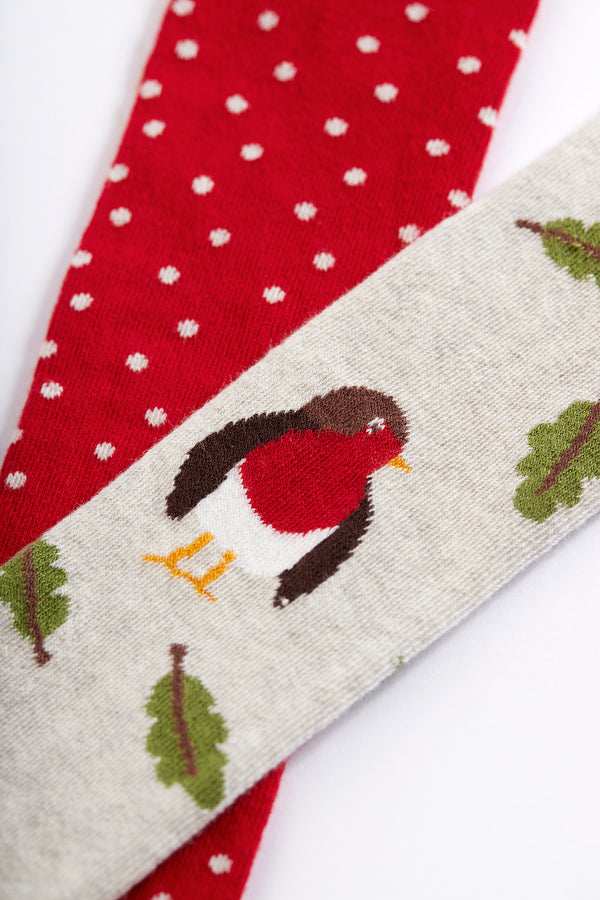 Norah 2pk Tights, Oatmeal Robins/True Red Spot (0-6m)