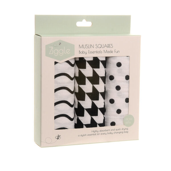 Black & White Muslin Squares 3pk