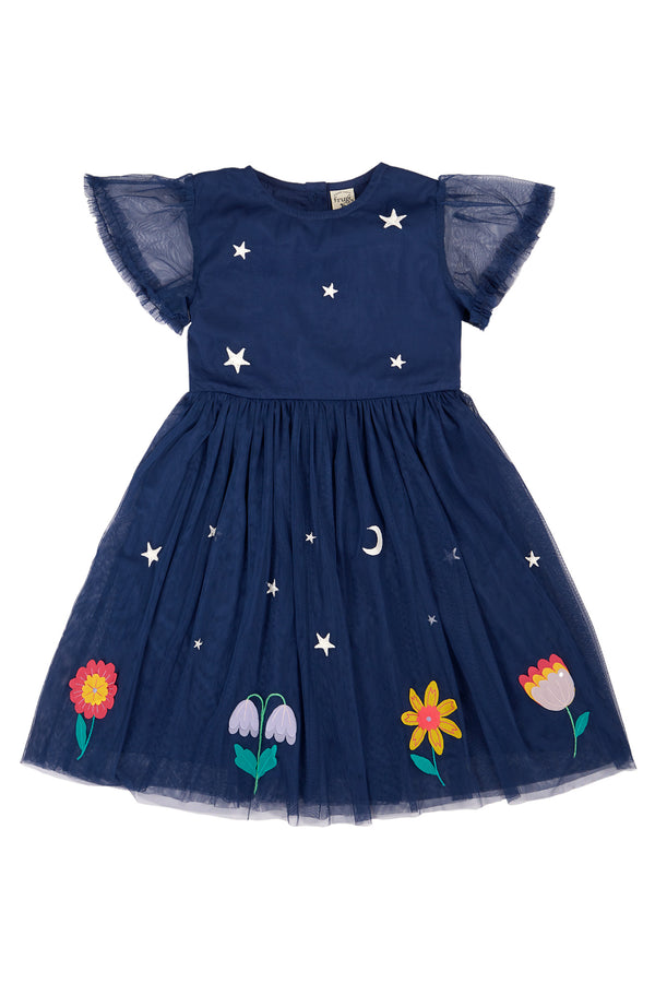 Penny Applique Party Dress, Navy Blue/Flowers