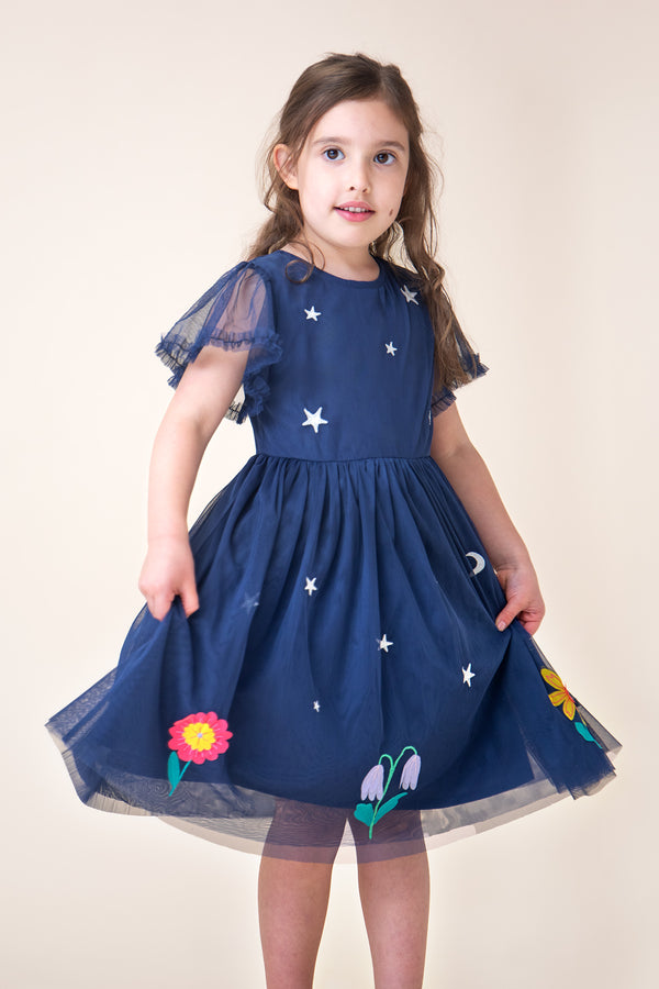 Penny Applique Party Dress, Navy Blue/Flowers