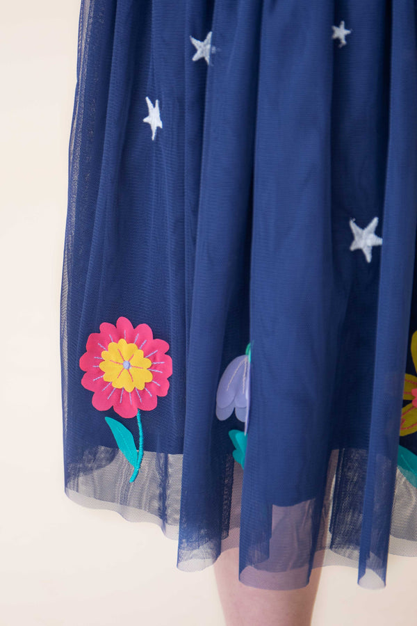 Penny Applique Party Dress, Navy Blue/Flowers