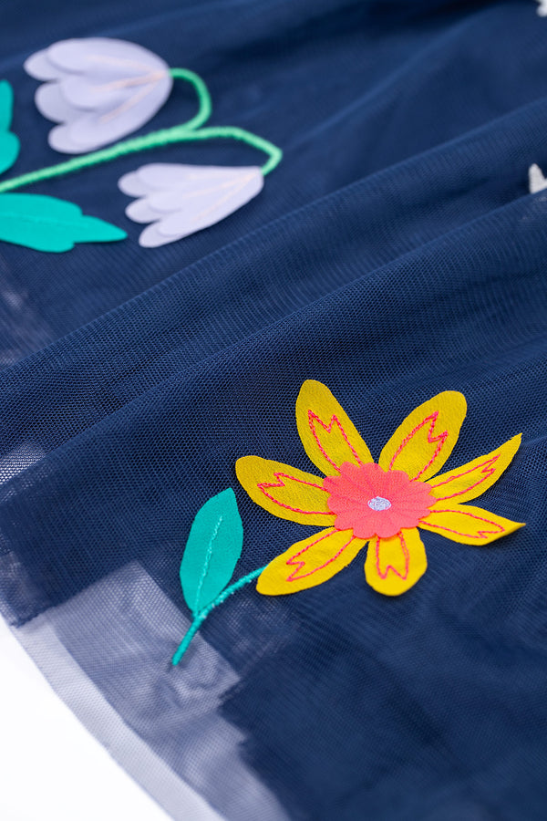 Penny Applique Party Dress, Navy Blue/Flowers