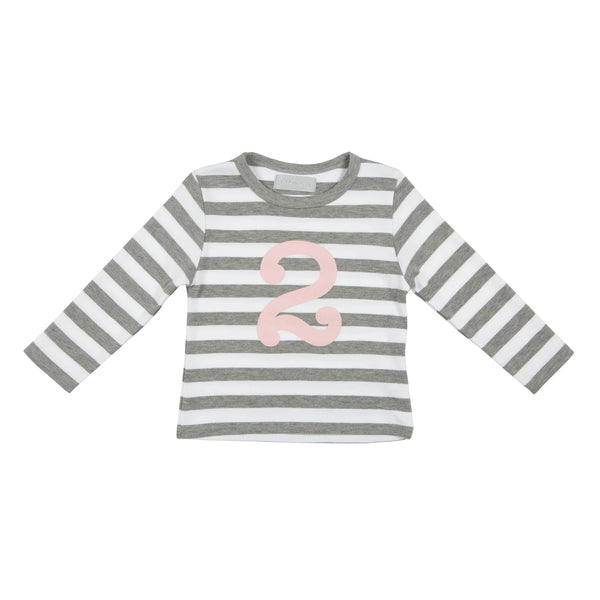Grey Marl & White Striped Number 2 T Shirt (mallow pink)