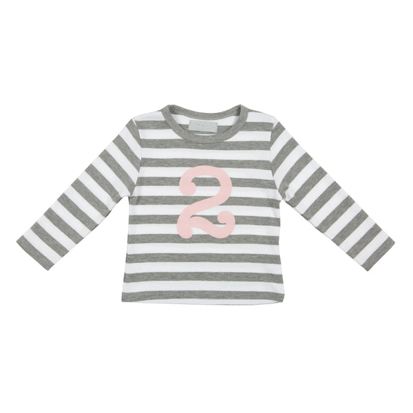 Grey Marl & White Striped Number 2 T Shirt (mallow pink)
