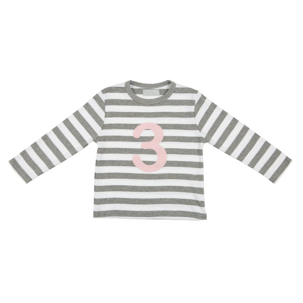 Grey Marl & White Striped Number 3 T Shirt (mallow pink)