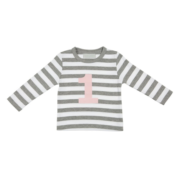 Grey Marl & White Striped Number 1 T Shirt (mallow pink)